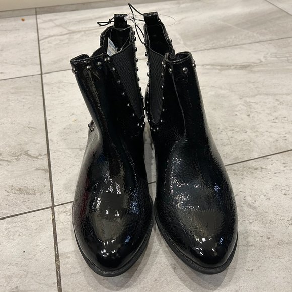 US7 George Blank Shine Leather, Pull-On Studded Ankle Boot NEW, 1in Block Heel - Picture 6 of 7